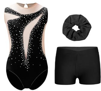 Xnihocha Mädchen Glitzer Turnanzug Ärmellose Dreiteilige Gymnastikbody mit Short Kopfbedeckung Ballettanzug Tanzkostüm Schwarz 134-140