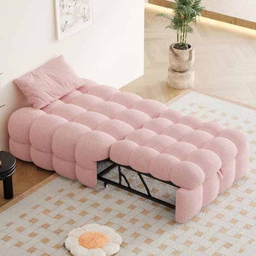 Merax 2-in-1 Polsterbett 183 x 76 x 42 cm, Ausziehbares Schlafsofa, Einzelbett Puffy-Bett, Platzsparend, für Wohnzimmer & Schlafzimmer, Teddy-Stoff, Rosa