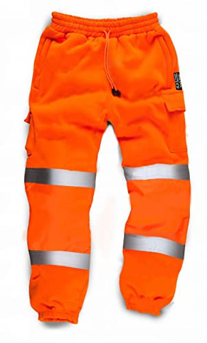 LIZZIE JACOBS Mens Hi Viz Jogging Bottoms Safety Combat Trousers Sweat Pants Hi Vis Work Fleece Trousers High Visibility Reflective Workwear Cargo Joggers (UK, Alpha, L, Regular, Regular, Orange)
