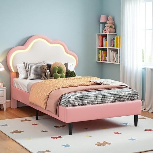 BursDany Lit pour Enfant Rembourré 90x200 cm, Lit Simple pour Fille avec LED, Cadre avec Tête de Lit Réglable en Hauteur et Sommier à Lattes, PU Rose (sans Matelas) (Rose et Blanc)