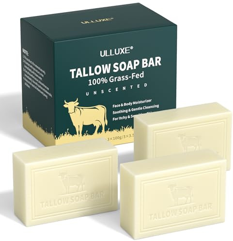 Beef Tallow Soap, All Natural Grass Fed Tallow Soap Bar Unscented, Deep Moisturizing Face & Body Wash Soaps for Dry, Itchy, Sensitive Skin, Handcrafted Soaps for Women Men, 3 * 100 g