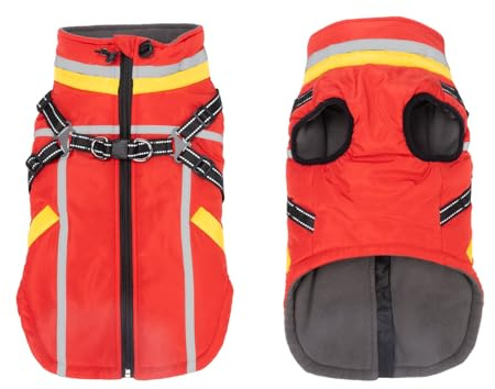 FEimaX Hundemantel Wasserdicht Winddichte Winter Fleece Hundejacke mit Geschirr Hund Wintermantel Warme Weste Reflektierende Verstellbar Haustier Kleidung für Kleine Mittelgroße Hunde (M, Rot)