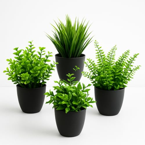DEBONTRES Fake Plants Set of 4 in Black Pots – Artificial Indoor Home Decor | Persian Gemstone Aloe Vera & Milan Grass Faux Plant with fade-resistant leaves. Maintenance-free décor for home or office.