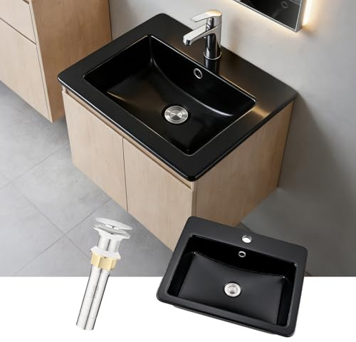 Lavabo en Céramique Noir Mat, 53 x 46 cm, Rectangle, Vasque à Encastrer Moderne, Lavabo de Comptoir avec Trou pour Robinet,Trop-Plein et Bonde de Vidange Escamotable en Acier inoxydable, Salle de Bain
