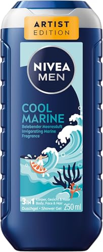 NIVEA MEN Cool Marine Artist Edition Duschgel, erfrischende Pflegedusche mit belebenden Meeresduft, 3in1 Duschgel für Körper, Gesicht und Haare (250 ml) (Packung mit 5)