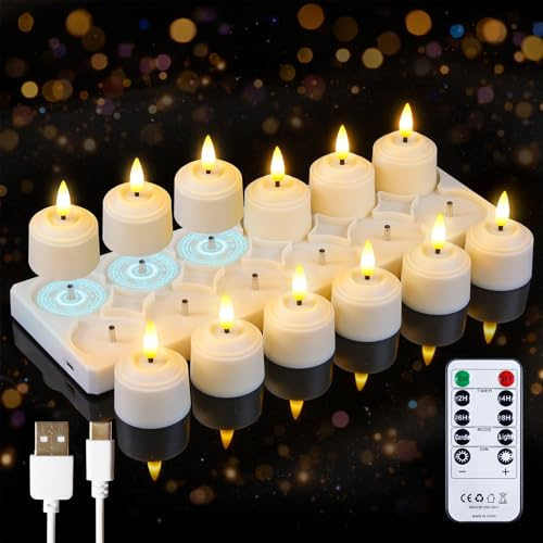 Vtobay Wiederaufladbares Set mit 12 LED-Kerzen mit Fernbedienung und Ladestation, Elfenbein Timerfunktion Flammenlose flackernde Kunststoff 4cm x5.5cm Teelichter (2,5 Std. Ladezeit, 100 Std. Laufzeit)