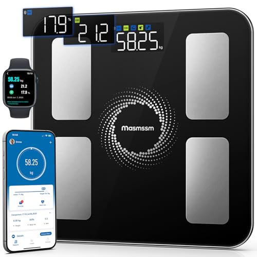 Balance Pèse-Personne, Balance Connectée Impédancemètre Écran Couleur 6-en-1 Défilant, 20 Indicateurs, IMC, Graisse Corporelle Pour iOS & Android, Max. 180kg/ 400lb