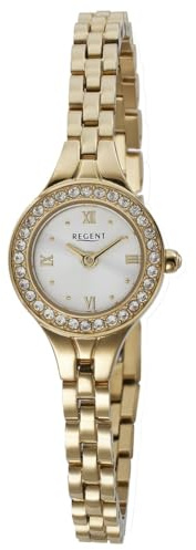REGENT F-1670 Damenuhr Edelstahl Goldfarben mit Kristallen besetzte Lünette 19 mm Quarz