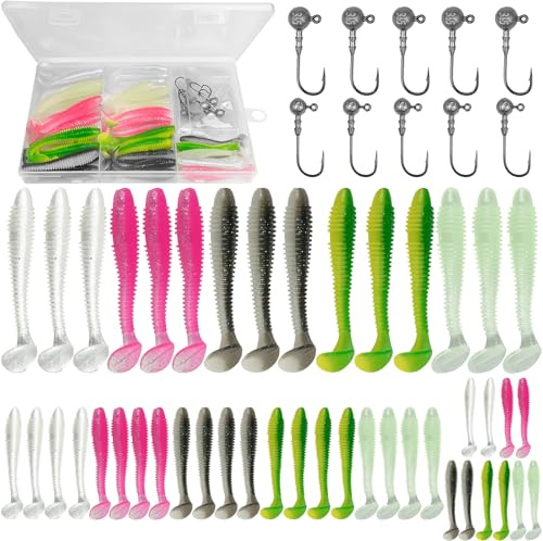 Lot de 45 leurres de pêche souples et 10 têtes plombées triangulaires pour la pêche au lancer - 5,5 cm + 6,5 cm + 7,5 cm - Poissons en caoutchouc avec tête plombée et boîte en plastique - 5 couleurs