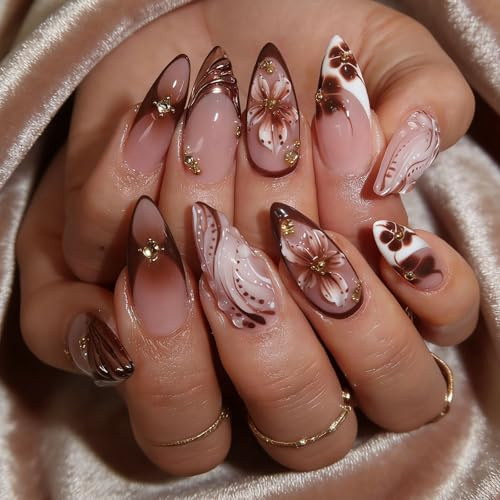 24er-Pack Französische Press On Nägel – Mittellange Almond Fake Nägel mit Braunem Blumen- & Strass-Design, Glänzende Full-Cover Acryl-Nägel für Frauen