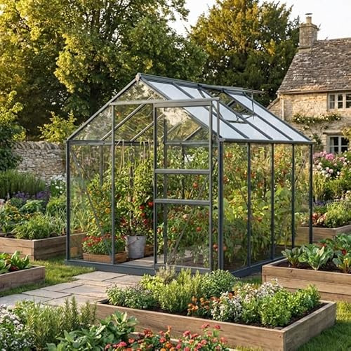 Green Protect Serre de Jardin Rinca 4,57m² | Aluminium Anthracite et Verre Trempé 4mm | Embase Acier Galvanisé Incluse | Lucarne Ventilation | Gouttières Intégrées