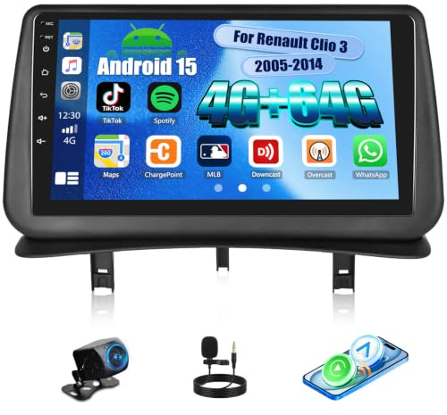 SIXWIN 4+64G Android 15 Autoradio für Renault Clio 3 2005-2014 mit CarPlay/Android Auto/Mirror Link,9 Zoll HD Touchscreen Unterstützt WiFi GPS Bluetooth 5.0 FM/RDS 32EQ+Rückfahrkamera