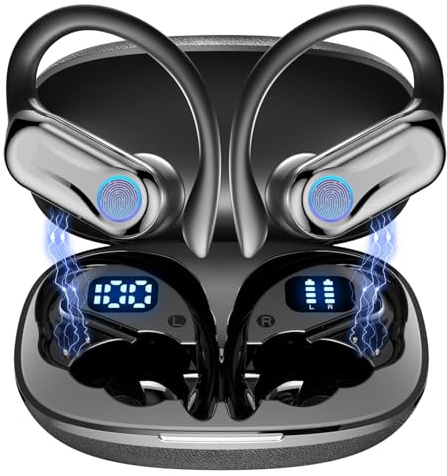 Acjohtin Wireless Earbuds, Bluetooth Headphones 6.1, 90H Playtime Ear Buds with Hooks for Sports, Dual LED Display Earphones IPX7 Waterproof for Gym/Runing/Workout