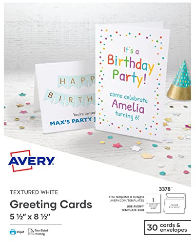 Avery Printable Greeting Cards, Half-Fold, 5.5 x 8.5, Textured White, 30 Blank Cards with Envelopes (3378)
