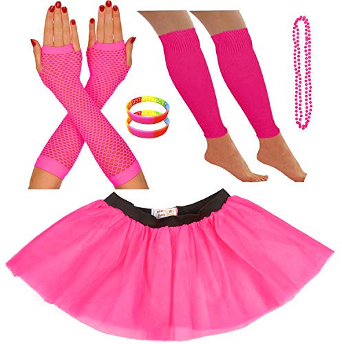 REDSTAR FANCY DRESS - costume fluo - gonna tutu, scaldamuscoli, guanti a rete, collana con perline e braccialetti - Rosa - Taglia EU 42-50