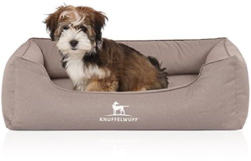Knuffelwuff Orthopädisches Wasserabweisendes Hundebett Leon aus Velours mit Handwebcharakter M-L 85 x 63cm Beige-Grau - abnehmbarer Bezug - waschbar - für große, mittelgroße und kleine Hunde