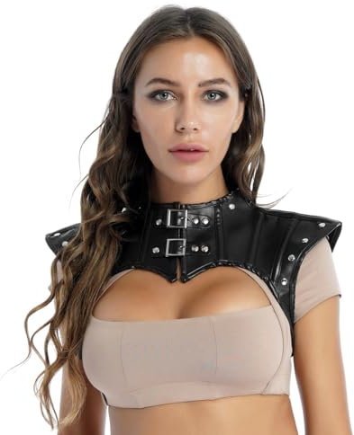 ranrann Damen Schulter Schutz Rüstung PU Leder Schultergurt mit Schnallen Schnürung Oberteil Zubehör Steampunk Gothic Kostüm für Party Karneval Fasching Schwarz Small