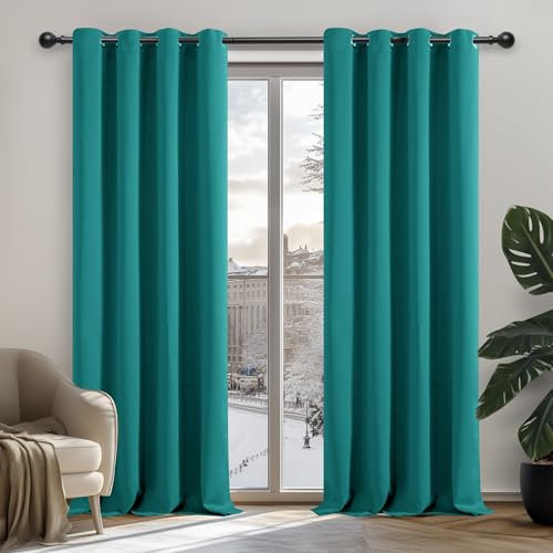 Deconovo Blickdicht Gardinen mit Ösen für Schlafzimmer Thermogardine Kälteschutz Vorhang Blickdicht, 160x132cm(HöhexBreite), Türkis, 2er Set