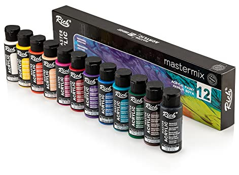 Rich Mastermix Acrylfarben Set 12 Stück, 60 ml, Hochpigmentierte Künstlerfarben, 12 Farben für kreative Malprojekte, Schnell trocknend, Set für Bastel- und Kunstliebhaber
