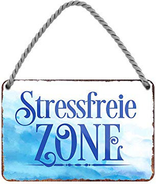 Stressfreie Zone Hängeschild - Metallschild mit Kordel und Saugnapf - Dekoration für Strandkorb Badezimmer Garten Balkon Terrasse Eingang Lieblingsplatz Yogaraum Aufenthaltsraum Ruhezone - 18x12cm