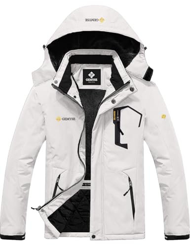 GEMYSE Herren Wasserdichte Berg-Skijacke Winddichte Fleece Outdoor-Winterjacke mit Kapuze (Weiß 01,XL)