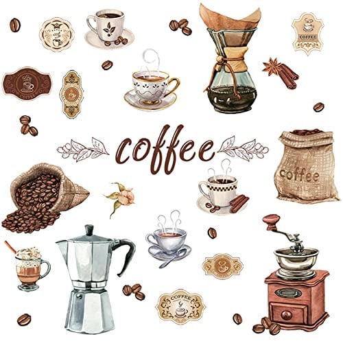 HPNIUB 26 Pezzi Adesivi da Parete caffè, Adesivi Murali per Cucine,Tazze Sticker da Muro,Caffè Decorazione Murale per Cafe Bar Sala da Pranzo Ristorante