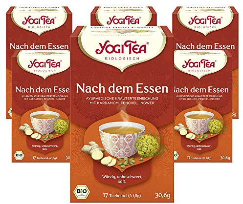 Yogi Tea - Nach dem Essen, Ayurvedischer Bio Gewürz- und Kräutertee, von Natur aus koffeinfrei, Mischung aus Kardamom, Fenchel und Ingwer, Yogi Tee 6er Pack, 6x17 Beutel (102 Teebeutel insgesamt)