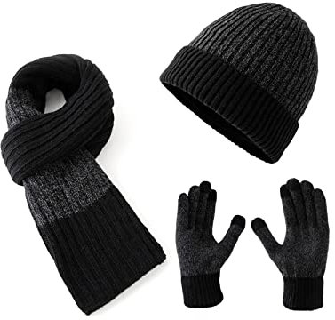 Lallier Winter 3-teiliges Herren Wolle Mütze Schal Handschuhe Set, Warmes Beanie Skull Cap Schal Thermohandschuh Set für Herren, Schwarz