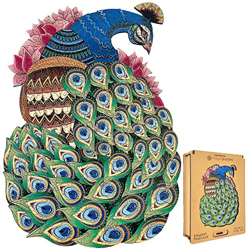 Lubiwood Verspielters Tierform-Holzpuzzle (29x21 cm) - Fördert Beobachtungsfähigkeiten und Zufriedenheit - kommt mit Holzgeschenkbox - Perfekt für Erwachsene (Eleganter Pfau, Medium (A4))