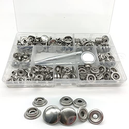 DHER Metall Snaps Knöpfe Metall Druckknopf Set Snap Button Leder Nieten Set 45 Sätze Druckknöpfe 15 mm Edelstahl-Schnappschnalle mit 3 Stück Installationswerkzeugen, silberne Metallknöpfe für Kleidung