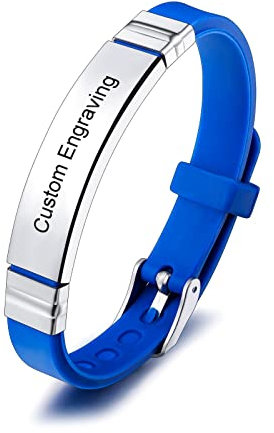 INBLUE Bracciale con Targhetta Personalizzata Nome/Citazione Targhetta in Acciaio Inossidabile Bracciale Regolabile in Silicone per Uomo Donna (Cinturino Blu e Etichetta Argento)