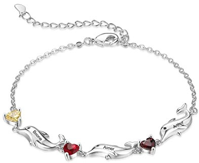 ALBERTBAND Personalisierte Damen Armband mit Name und Geburtsstein Muttertag Schmuck Unendliches Delphin Armband Silber Armband Rostfreier Stahl Großmutters Freundschaftsarmband