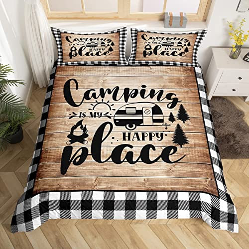 Glückliche Camping Bettbezug Set S Größe,Camper RV Anhänger Dekor Bettwäsche Set Kinder Erwachsene,Rustikale hölzerne Plank geometrische Gitter Komfortbezug,braune Retro Quilt Cover,1 Kissenbezug