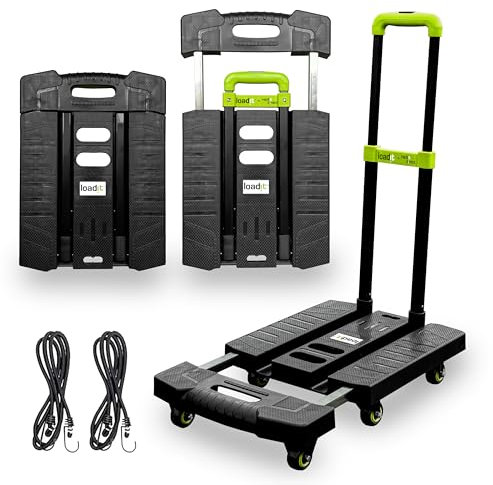 LoadiT Extendable Platform Trolley, 225kg Heavy Duty Folding Hand Truck Cart, 6-Wheel Moving Dolly & Foldable Moving Trolley for Heavy Items, Telescopic Handle, Adjustable Baseplate & Bungee Cords