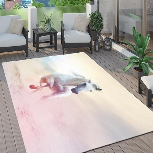 ITOMEN Teppich Schlafzimmer Weißes Pferd Kinderteppich Dekoration Carpets Pferdetier Teenager Kurzflor Flanell Teppiche rutschfeste Spielteppiche für Schlafzimmer Wohnzimmer 120x160 cm