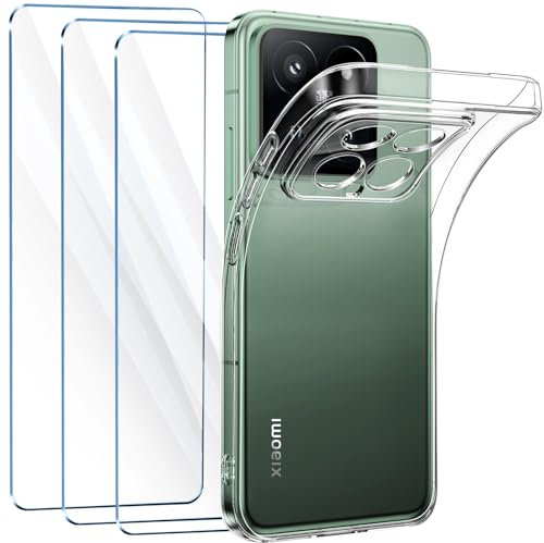 FLLAO Handyhülle Kompatibel mit Xiaomi 14 Hülle mit 3 Stück Schutzfolie, Durchsichtig Case Transparent Silikon TPU Schutzhülle Premium 9H Gehärtetes Glas