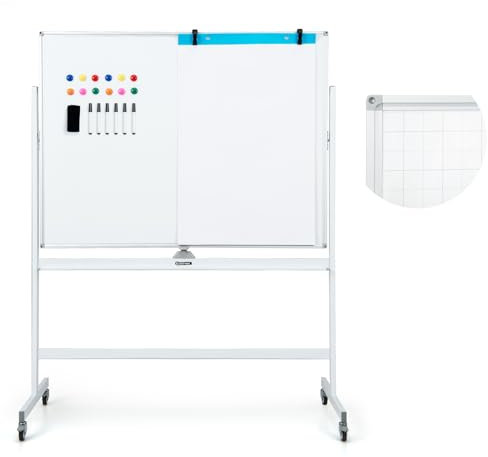 GOPLUS Tableau Blanc Effacable Amovible avec Hauteur Réglable 161-181cm, Tableau Blanc Magnetique Rotatif 360° avec 4 Roue, 1 Effaceur, 12 Aimant, 2 Clip, 6 Marqueur, 25 Papier pour École, Bureau