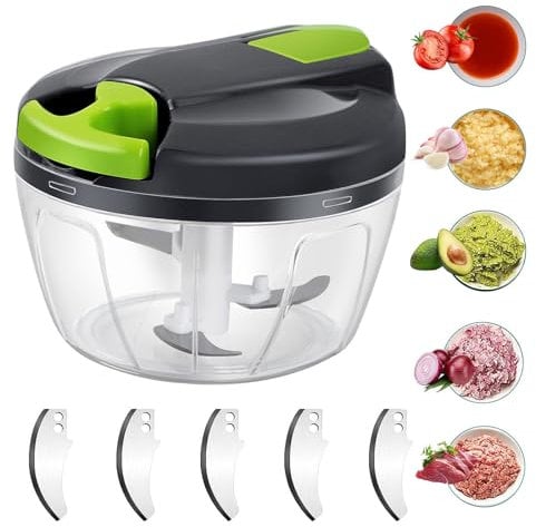 Domkan Hachoir Manuel 520ml, Hachoir Oignon Avec 3 Lames En Acier Inoxydable, Coupe Oignon Manuel avec Acier Inoxydable 3 Lames, Mixeur Manuel Coupe Ail pour Légumes, Viande (vert)