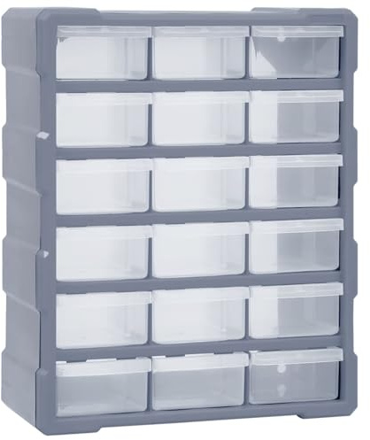 Gecheer Multi-Schubladen-Organizer 18 Schubladen für Werkzeuge und Zubehör mit durchsichtigen Fächern für übersichtliche Aufbewahrung in Grau PP Material 38x16x47 cm für Handwerker und Bastler