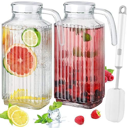 NiHome Glass Pitchers with Lids, 62oz Glass Water Fridge Pitcher for Drinks, Glass Water Jug with Lid & Brush, Beverage Serveware & Storage Container for Lemonade, Iced Tea, Coffee - 2PCS