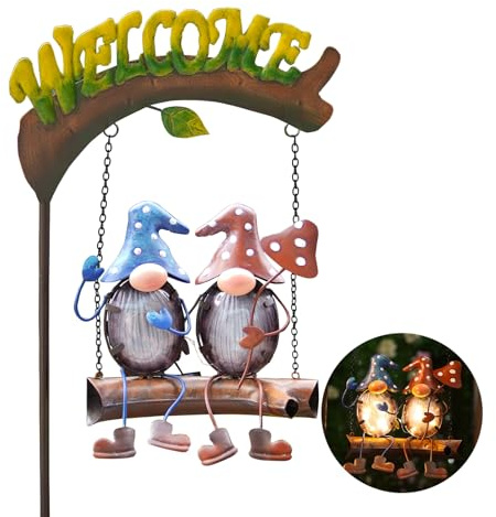 HONGLAND Gnomes Garden Decor Solar Lights, 48 Inch Welcome Sign Swing Yard Decorations Outdoor Decorative Stake for Lawn Porch Backyard Patio, Gnome Gardening Gifts for Women Mom