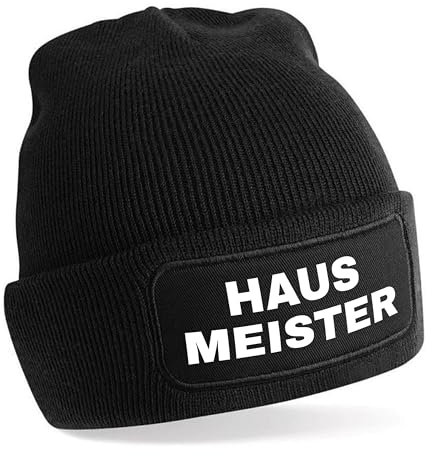 Beanie Strickmütze mit Spruch | Hausmeister | schwarz | Unisex SoftTouch angenehm weiche und warme Wintermütze | OneSize Einheitsgröße für Erwachsene