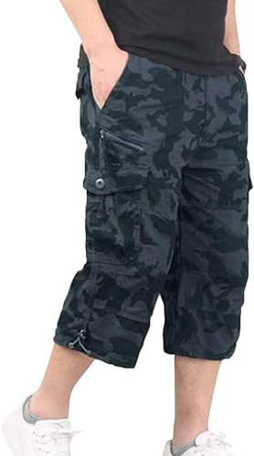 BUKKNYE Mens 3/4 Summer Shorts Elasticated Waist Cargo Combat Three Quarter Holiday Pants(Camouflage,XXL)