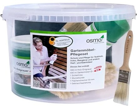 Osmo Gartenmöbel Pflegeset Holz-Entgrauer 500 ml Teak-Öl 007 0,375 l Schleifvlies Wurzelbürste Flächenstreicher 50 mm PFAHLER-Pinsel