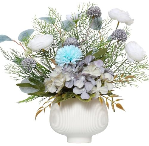 LUWENER Artificial Flowers In Vase,14.57in Faux Hydrangea Flower Plants,Silk Blue Dahlia Realistic Poppy Fake Flowers for Living Room, Bedroom and Bathroom Dining Table Decor