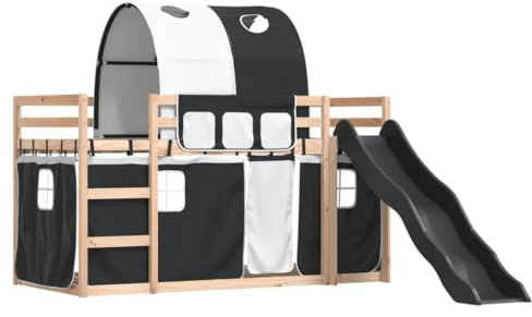 vidaXL Etagenbett, Stockbett mit Rutsche Gardinen, Kinderbett mit Rausfallschutz Lattenrost, Spielbett Bett ohne Matratze, Weiß Schwarz 80x200cm