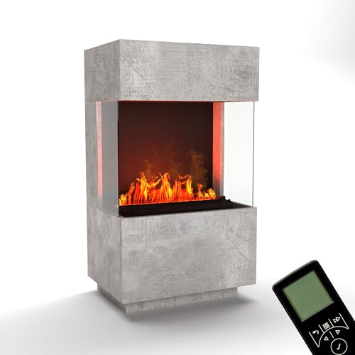 GLOW FIRE Wasserdampf Kamin OGF 1 Mini (Standkamin) - Elektrokamin mit realistischen LED 3D-Flammen, Knistereffekt & Fernbedienung, 55x96x40 cm - Opti-Myst 400 Elektro Kamin, Beton