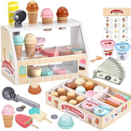 Eisdiele-Kinder-Holz, EIS-Spielzeug für Kind ab 6 Jahre, Holzspielzeug Küche Zubehör, Rollenspiele Eisladen Einkaufsladen für Mädchen, Hellgelb