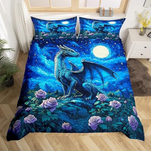 Homewish Western Fantasy Dragon 135x200 Bettwäsche Set,Rose Floral Galaxy Bettbezug für Kinder Mädchen Jungen,Mond und Sterne Blumenbett Set,Cartoon Dragon Bettbezug (Kein Tröster)