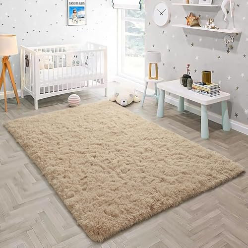 Shaggy Hochflor Teppich Läufer Flur 70 x 140 cm Extra Weich, Pflegeleicht Wohnzimmerteppich, Rutschfester Teppich Modernes Einfarbiges Design für Küche, Schlafzimmer, Beige